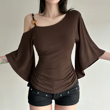 Retro Spice Girl T-shirt Irregular Off Shoulder Beaded Slanted Collar Pleated Short Sleeved Summer Unique Slimming Top for Women 1