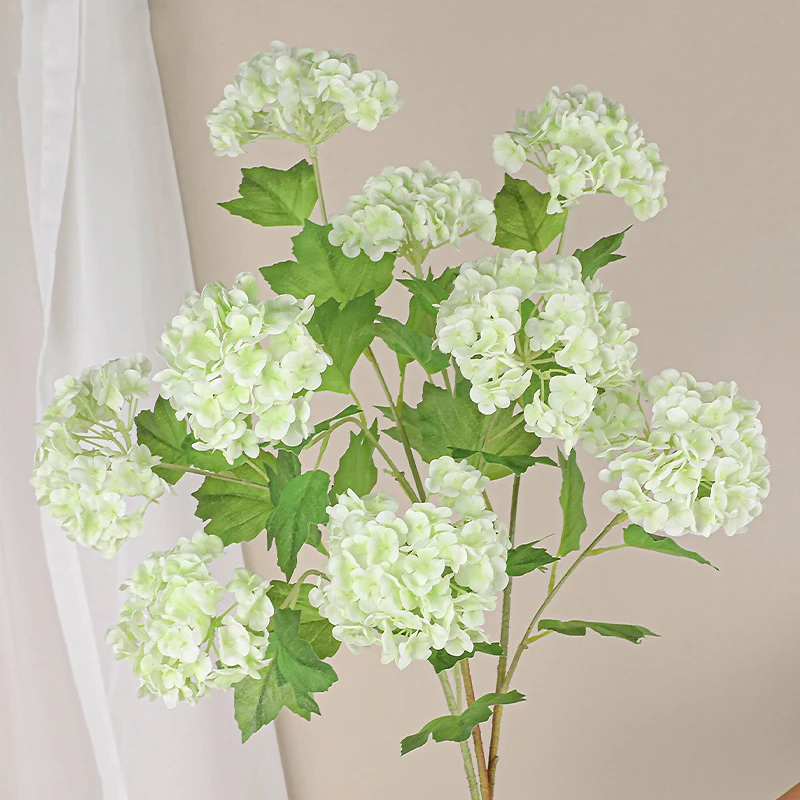 Artificial Flowers Real Touch 3 Heads Small Hydrangea Flowers Branch with Green Leaves Silk for DIY Wedding Home Room Decoratio
