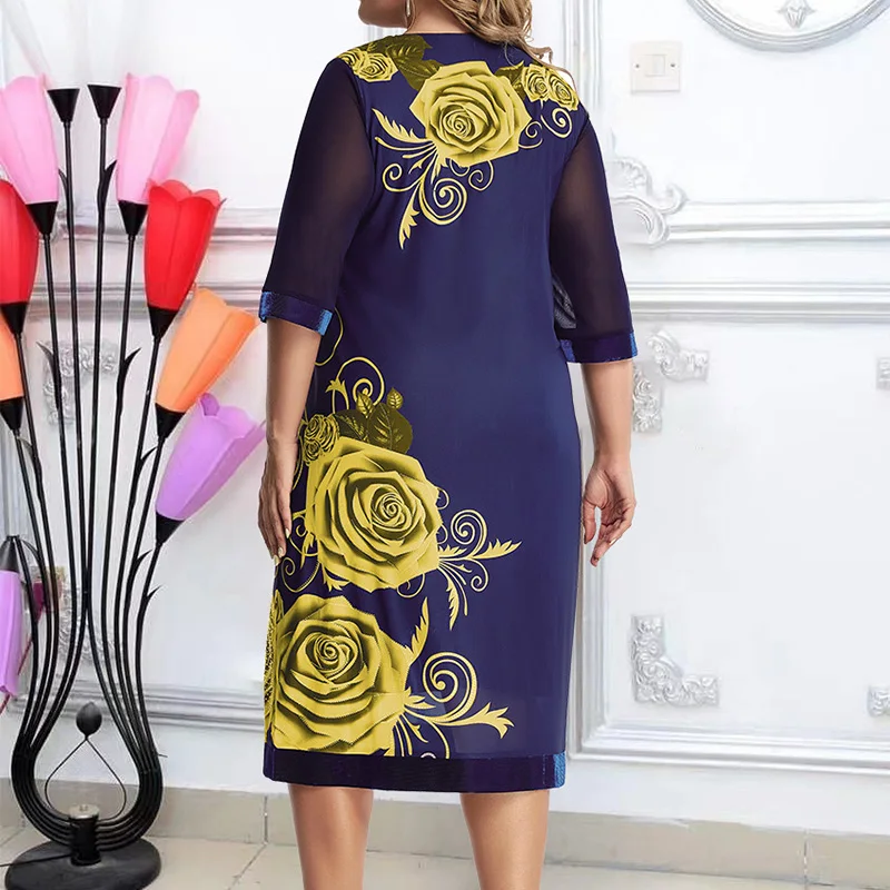 Plus Size Women's Clothing O-Neck Floral Printing Elegant Spring Summer Net Yarn Patchwork Half Sleeve Hot Drill Mid-Calf Dress