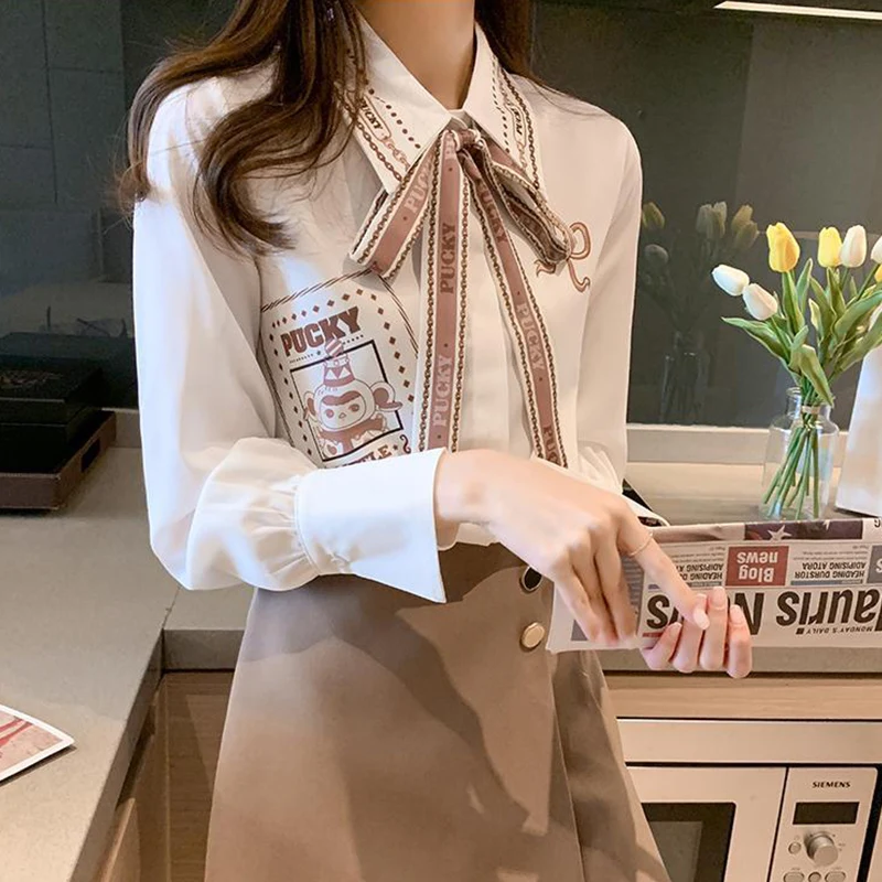 Spring Autumn Polo-neck Bow Elegant Fashion Shirt Female Long Sleeve All-match Cardigan Top Women Temperament Bottoming Blouse