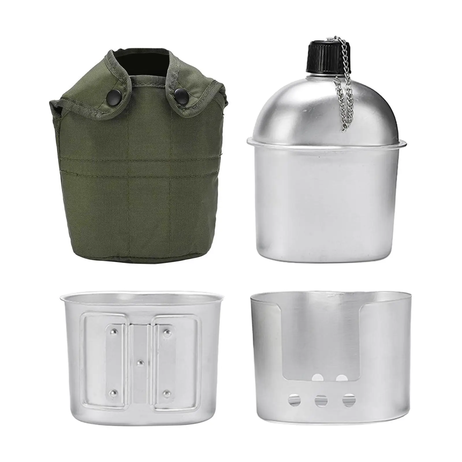 4pcs/set Military Canteen Cookware Set Aluminum Alloy Canteen Multi-Functional Water Bottle with Grab Handled Cup Green Canvas