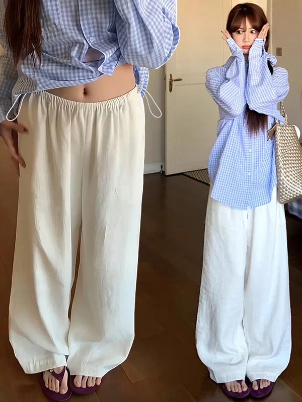 임산부용 루즈핏 롱 팬츠 화이트 캐주얼 와이드 레그 코튼 린넨 편안한 배부르기 없는 봄 가을 시즌용