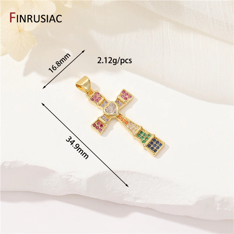 14K vergoldetes Messing, bunter Zirkon-Herz-Kreuz-Charm für religiöse Schmuckherstellung, Zubehör für die DIY-Halskettenherstellung – Detail 6