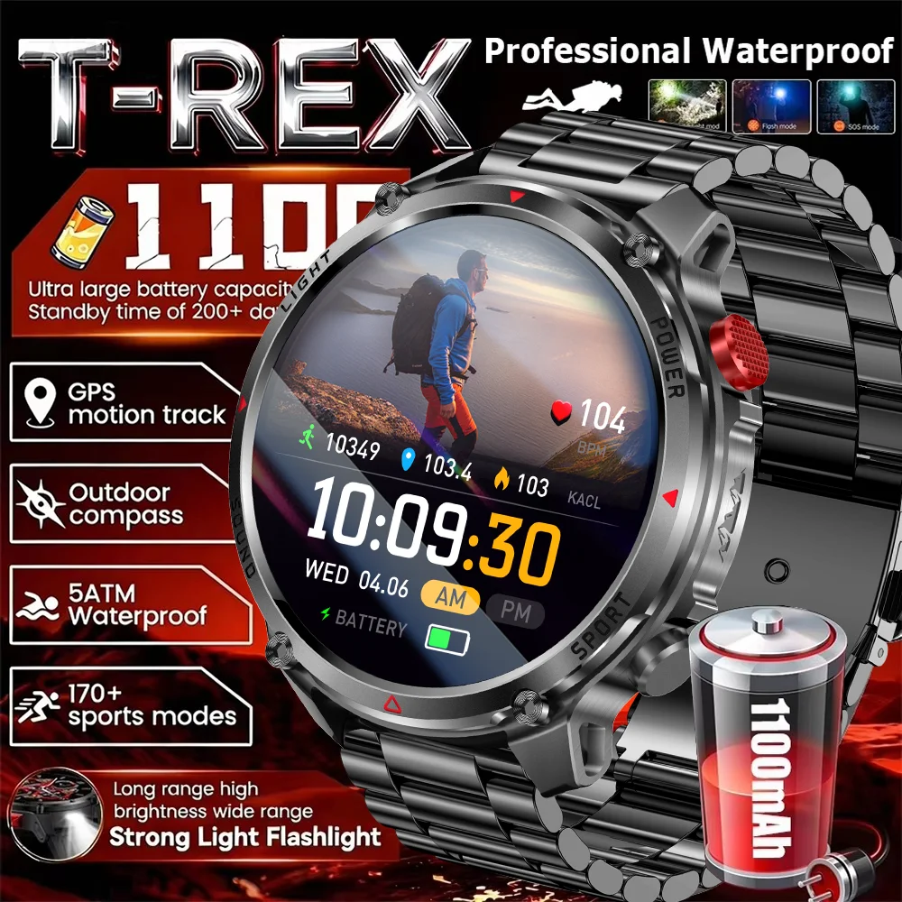 2026 Edition Military Outdoor Sports Smartwatch 1.7-inch AMOLED screen 1100 mAh battery LED flashlight Bluetooth call Waterproof 1