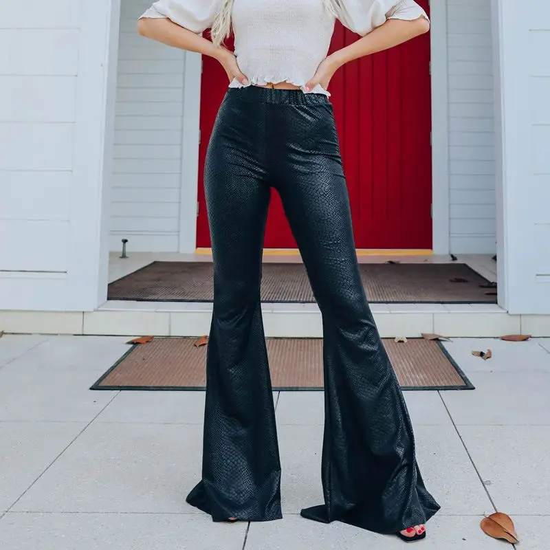 Open Crotch Outdoor Sex Vintage Casual High Waist Trousers Elegant Slim Streetwear PU Leather Flare Pants Women Pants Fashion