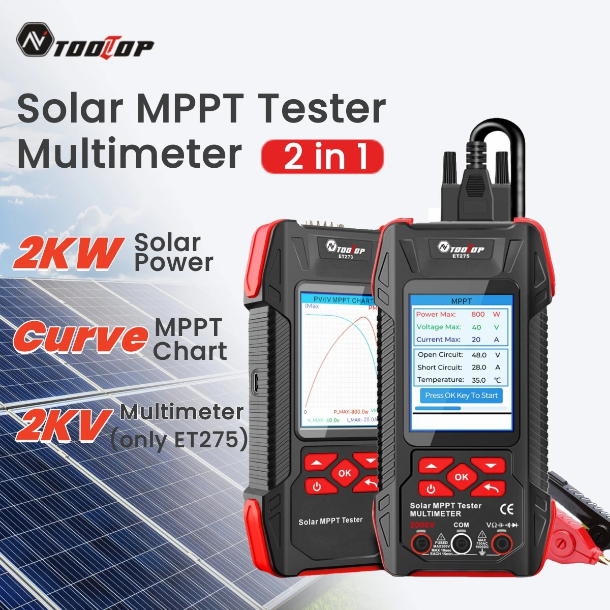 TOOLTOP ET273 2000W Solar Panel Tester 3.2Inch MPPT Curves Photovoltaic Multimeter Pmax Voc Lsc Test Rechargeable Solar MPPT Tester