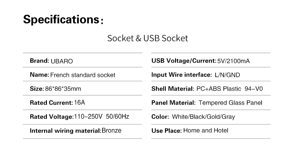 Ubaro francês padrão 86*86mm AC110-250V 16a temperado