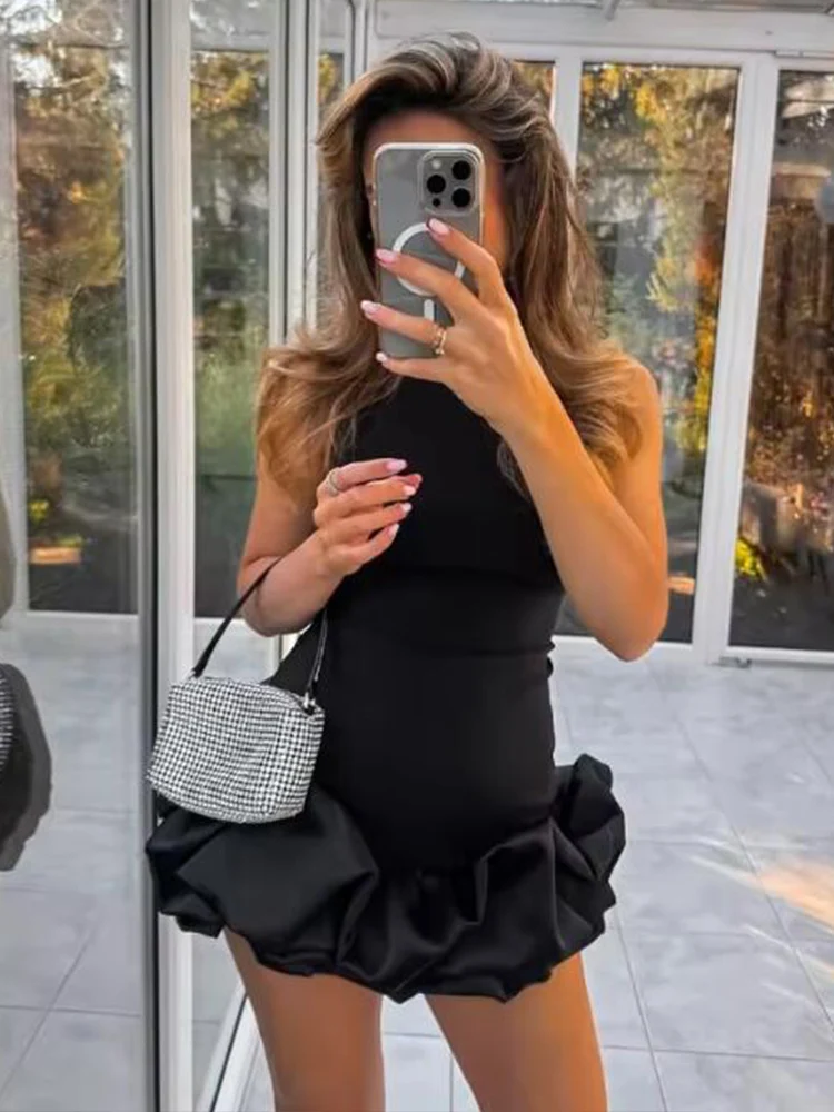 TFMLN Elegant Women Mini Dress Slim O-neck Sleeveless Backless Dresses Female 2025 Ruffle Pleated Party Club Lady Vestidos