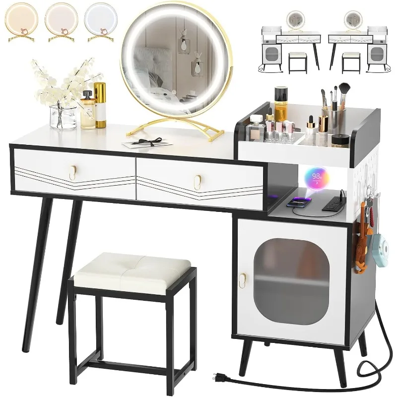 

Vanity Desk with Lighted Mirror & Power Outlet, 3 Colors, Adjustable Brightness, Makeup Vanity with Storage, Vanity Makeup