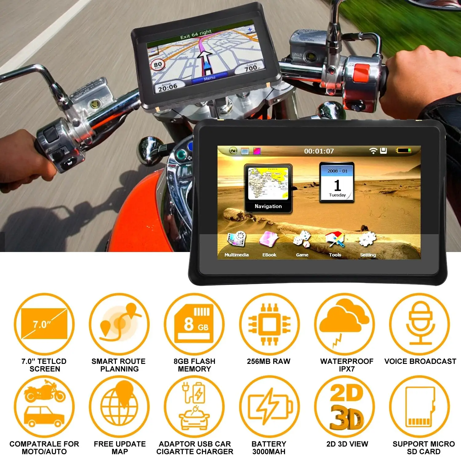 7인치 방수 오토바이 GPS 네비게이션 모터 자전거 네비게이터 (Wince6.0 시스템, 256MB RAM, 8GB) 자동차 GPS 네비게이터 ?