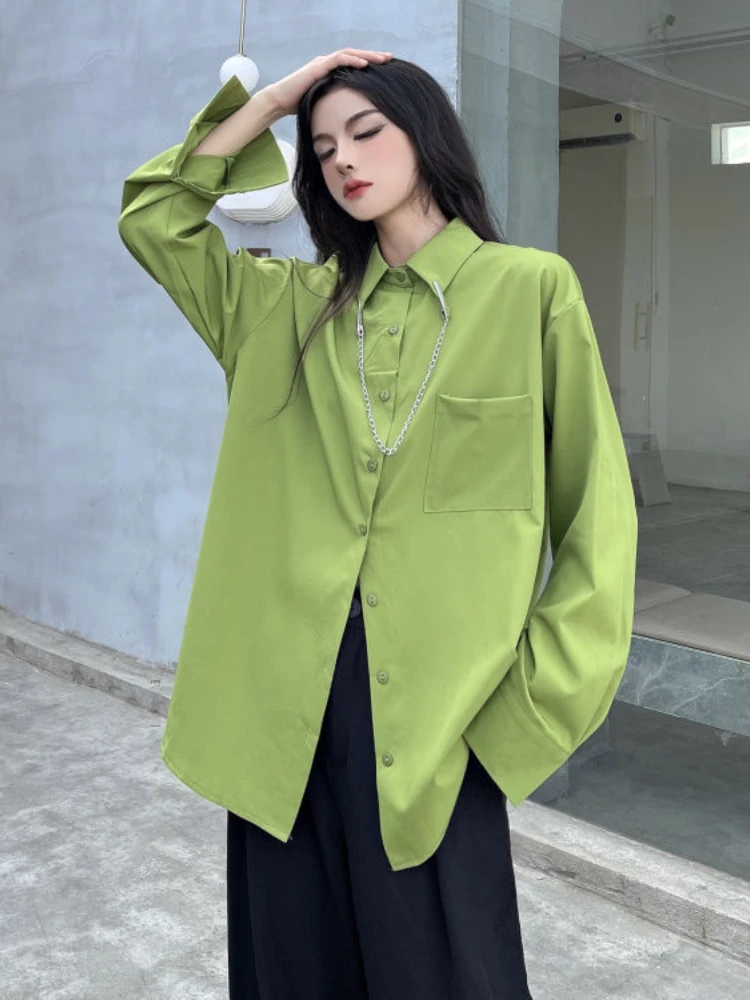 Green Long Sleeve Shirt Women Harajuke Loose Button Down Blouses with Chain Woman Tops New Spring Summer