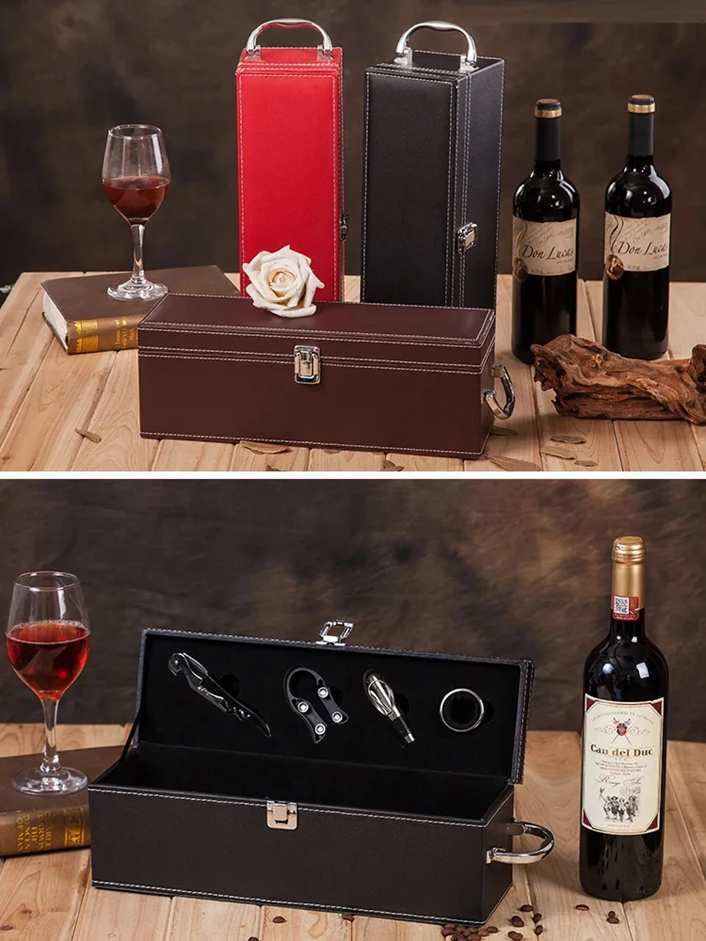 Single Wine Bottle Gift Box with Accessories Set – PU Leather Portable Carrying Case wi... - SKU SWBB2104 - UGI Packaging
