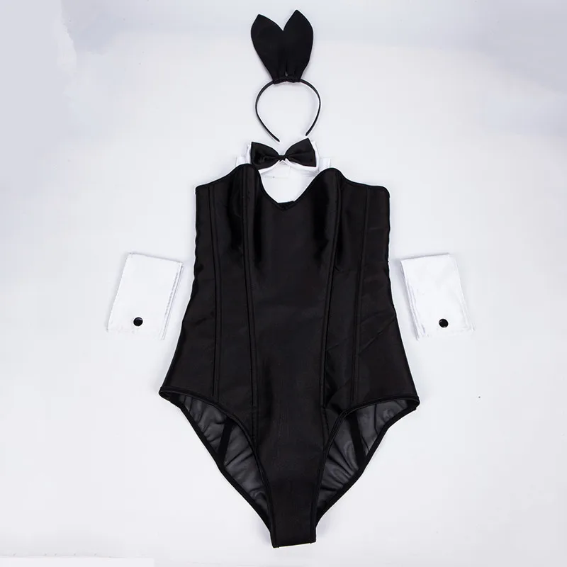Women's Sexy Lingerie Bunny Girl Bodysuit Cosplay Costume with Tie Sleeves And Ears 4-Piece Set Rabbit Waitress Maid Anime Outfi