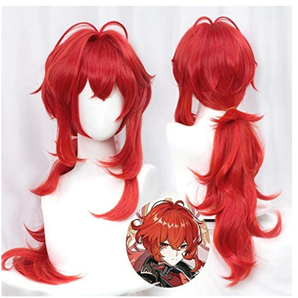 Anime Costumes Genshin Impact Diluc Cosplay 60cm Long Red Wig Cosplay Anime Cosplay Wigs Heat Resistant Synthetic Wigs Halloween ninja costume women