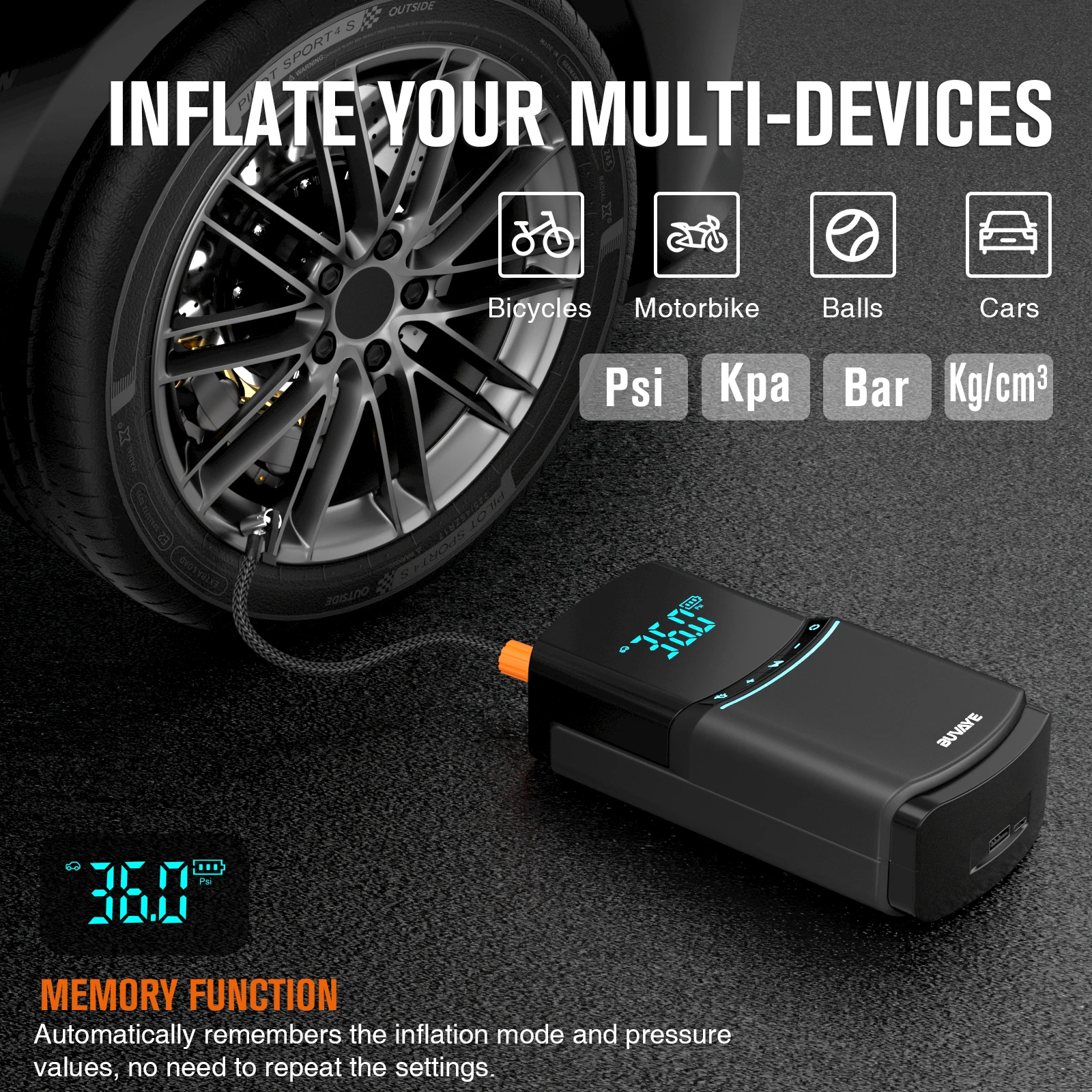 BUVAYE Car Jump Starter 2000A Air Compressor Pump 150PSI Power Bank 12000mAh Battery Booster 12V Digital Auto Tyre Inflator
