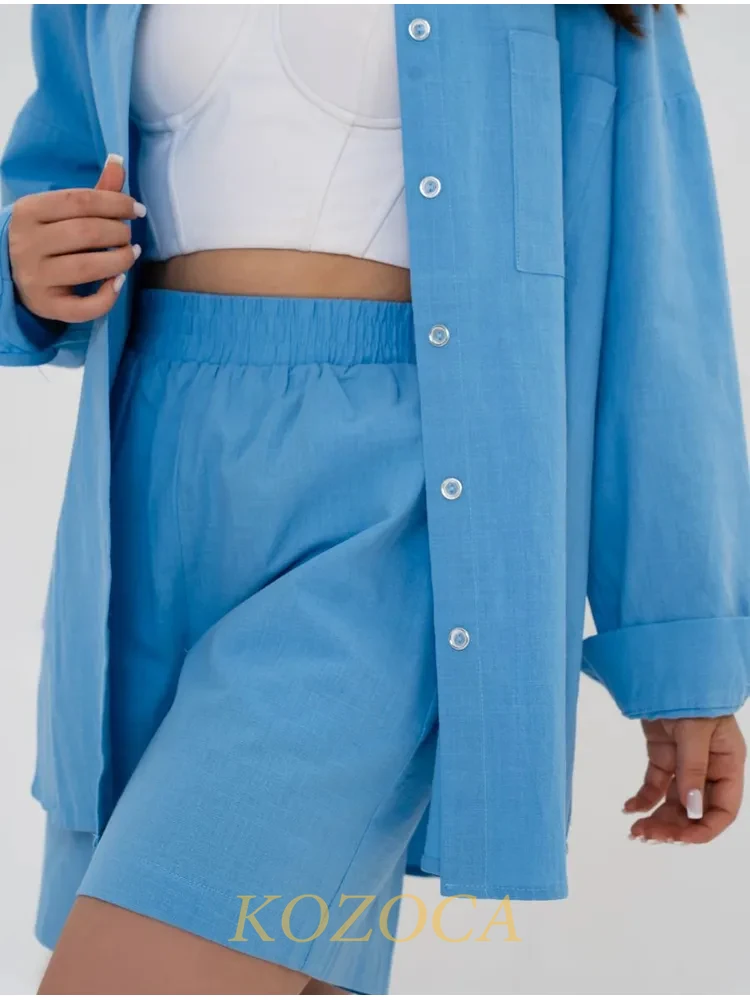 Generic Fashion Set Womens Shorts Set Long Sleeve Shirt Suit Shorts Two Piece Set Basic Shirt Top And Shorts Sexy (Blue, S), Small At Women's Clothing Store