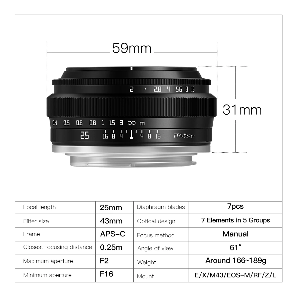 Фото TTArtisan 25 мм F2 APS-C ручной фокус основной объектив для Sony E/Fuji X/Canon M/M43/Canon R/Nikon Z/ L Крепление камеры №5