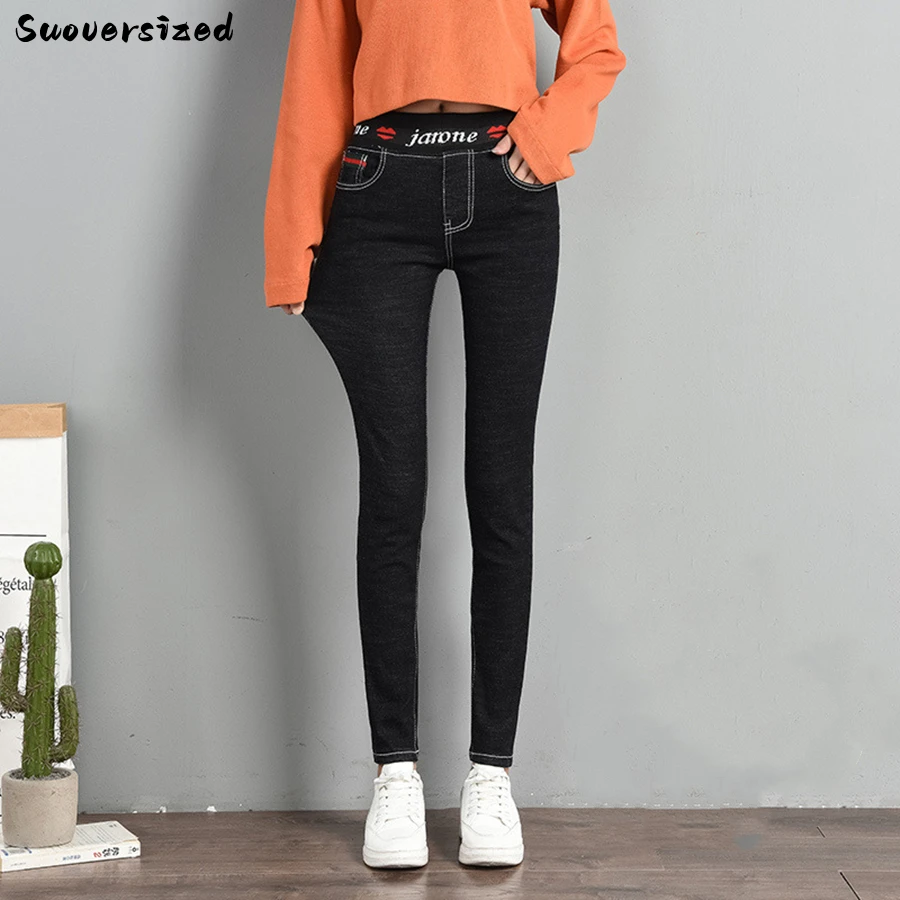

Letter Slim Elastic High Waist Pencil Jeans Women Black Pant Classic Denim Skinny Capris Korean Fashion Vaqueros Stretch Trouser