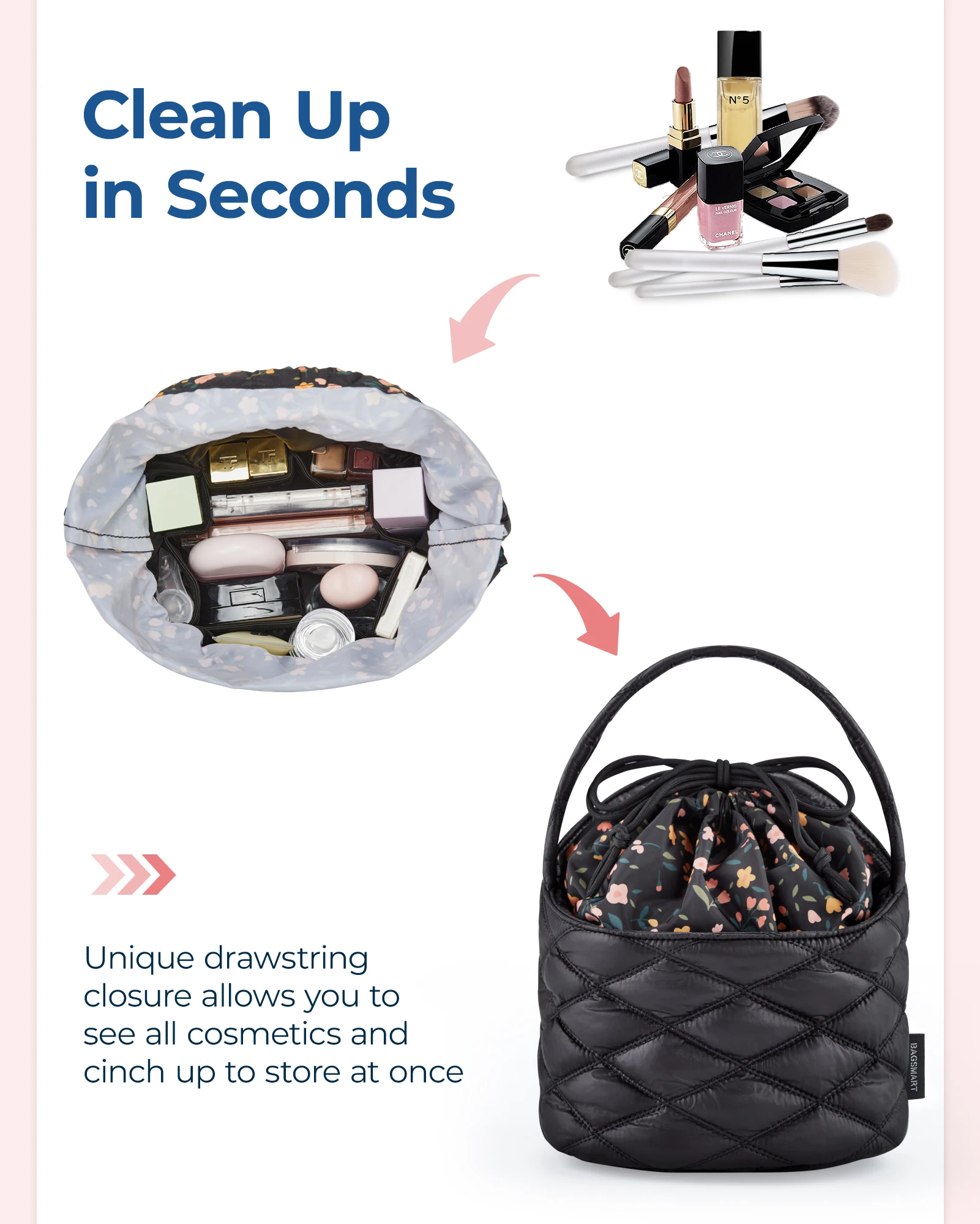 BAGSMART 드로스트링 화장품 가방, 보관 메이크업 가방, 정리함 파우치, 휴대용 방수 세면 용품 뷰티 케이스, 여성용 핸드백
