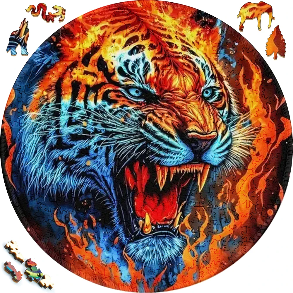 Mysterious Wooden Puzzle painted Ferocious Tiger Funny Toy Animal Wood Puzzles Smart Game Round Shaped Jigsaw Puzzle Best Gift best of the tiger 2 cd