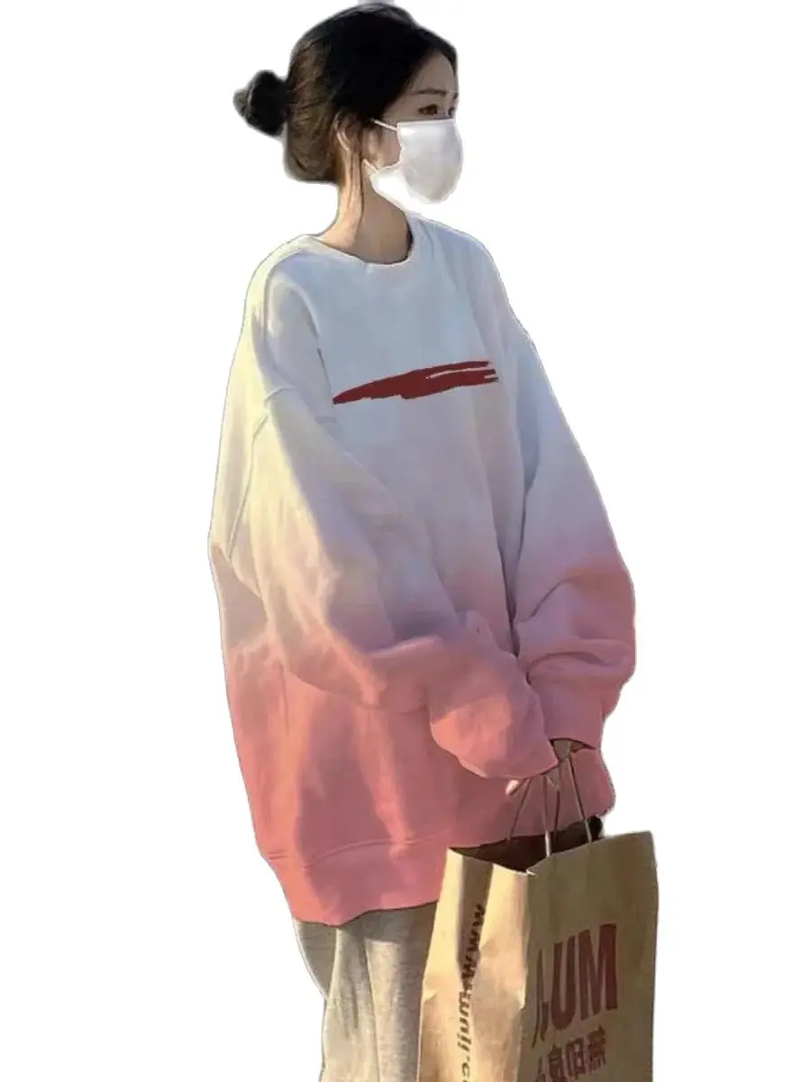 Gradient Pullover Fashion Letter Printing Street Women Hoodies Basic Simple Casual Classic O-Neck Pullover Female Hoodies