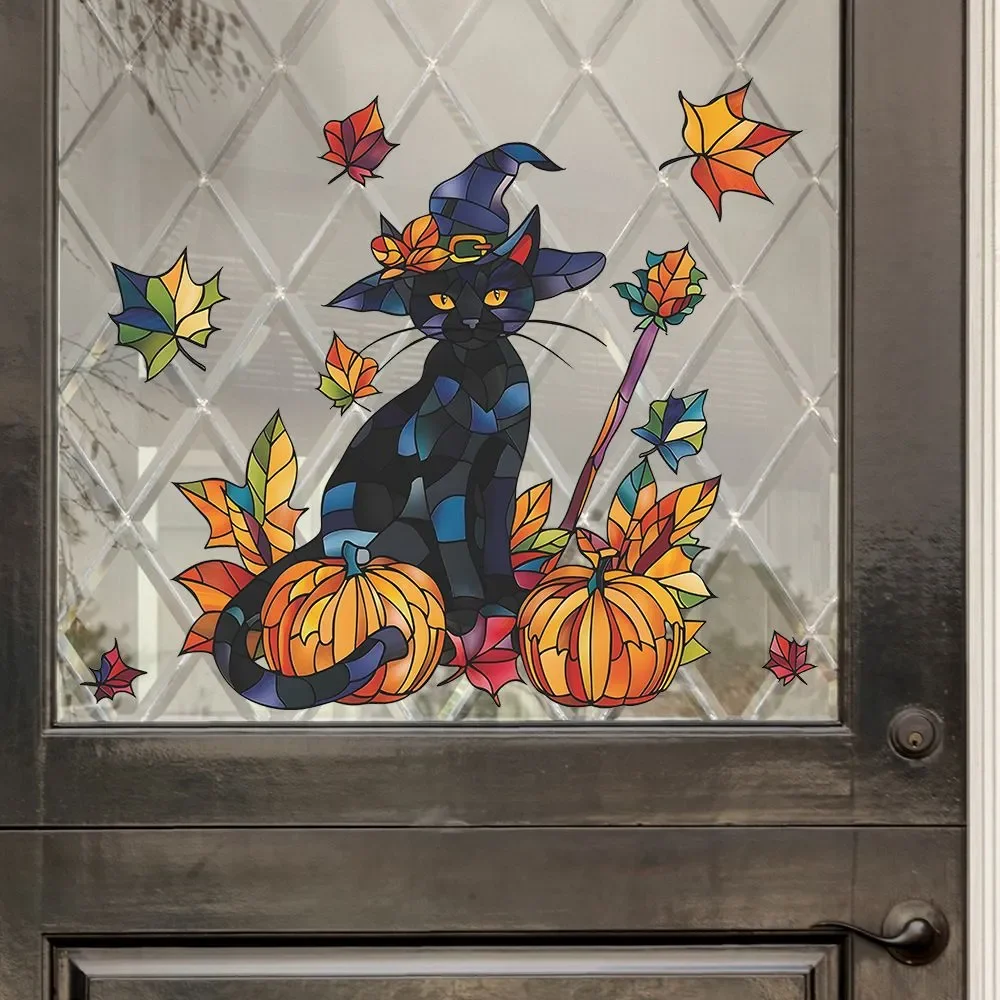 Halloween Cartoon Black Cat Pumpkin Maple Leaf Window Cling Stickers Static Cling Decoration 38x38cm