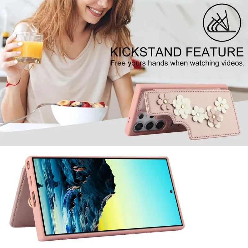 Axelremsfodral i läder med blommotiv till Samsung Galaxy S22 S23 FE S24 Ultra S24 Plus A55 A35 A15 A54 A34 A14 A53 Korthållare_voghion.com