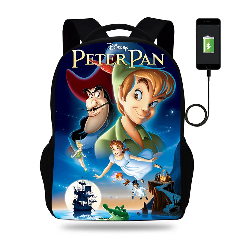 Fashion Disney Peter Pan Backpack Boy Girl School Bag Teenager USB Charging  Daily Travel Backpack Student Schoolbags Mochila