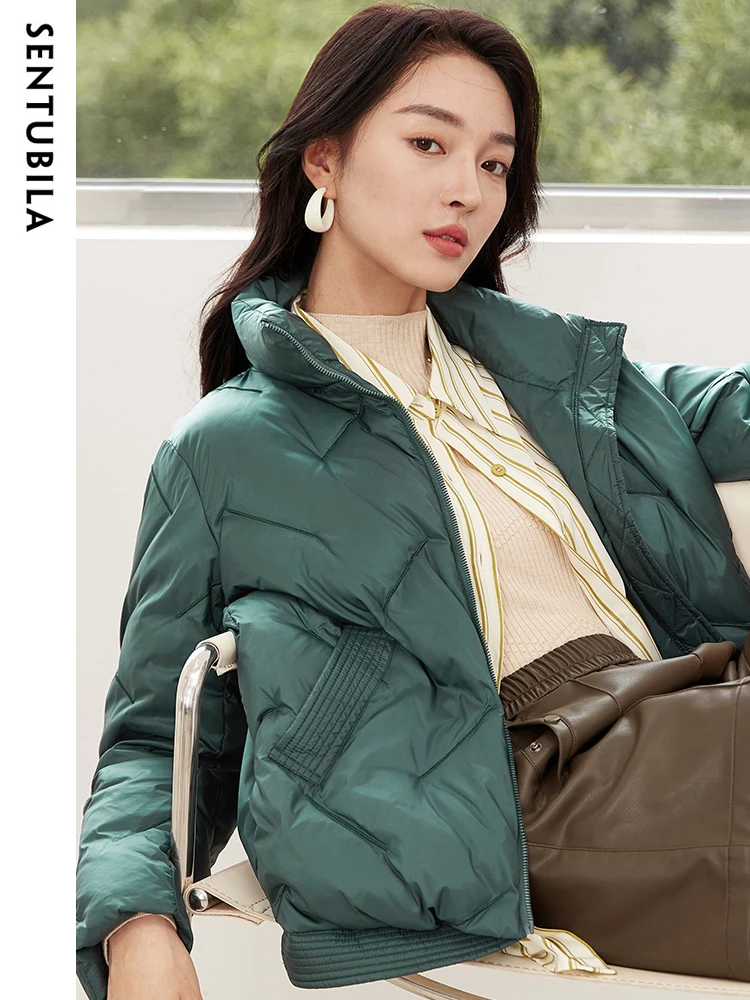 SENTUBILA Women's Stand Collar Crop Down Jacket 2023 Winter 90 White Duck Zipper Short Down Coats Warm Puffer Jackets W34Y49505