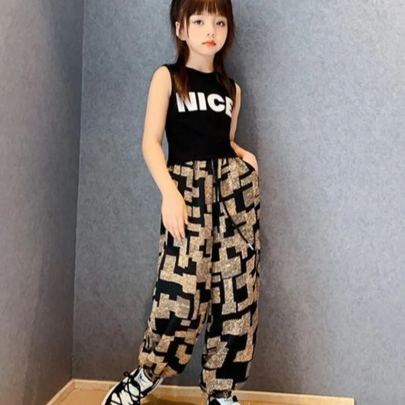 

Одежда для девочек, летний детский модный жилет и брюки, комплект из двух предметов, уличный Детский костюм, наряды без рукавов для девочек-подростков 5, 8, 9, 10, 12 лет