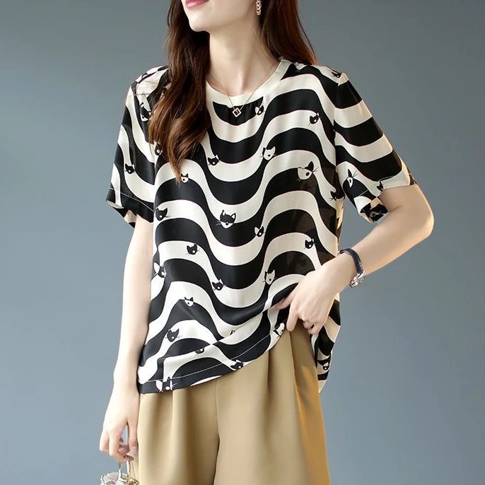 

Summer Short Sleeve V Neck Printed Tees Women Fashion Short Sleeve Print T Shirts Women Loose Chiffon Tees