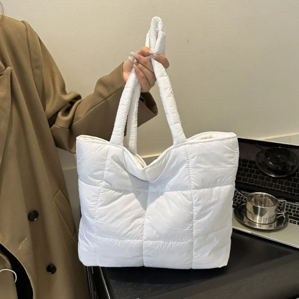 Simple Nylon Space Cotton Handbag Padded Large Capacity Cloud Tote Bag Solid Color Handle Puffy Shoulder Bag Girls
