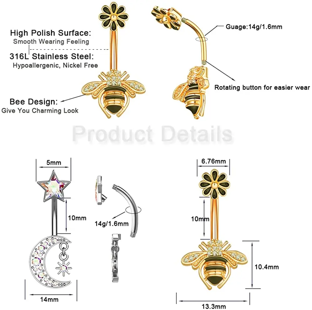 6 stücke Lange Baumelnde Blume Schmetterling Biene Bauchnabel Ring Sets Gold Farbe Körper Nabel Piercing Nombril Herz Gebogene Bauch schmuck – Detail 18