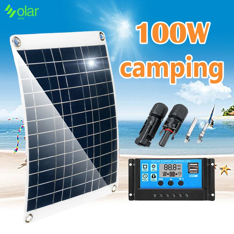100W Solar Panel Kit 12V USB Charging Solar Cell Board for Phone RV Car MP3 PADWaterproof Outdoor Battery Supply 30A Controller