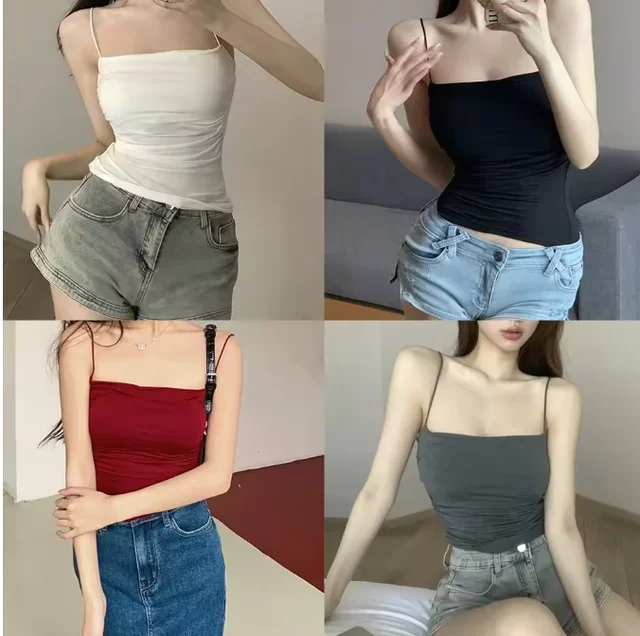 pour femme, sous-vêtement, camisole ajustée, haut court sexy avec fines bretelles, débardeur blanc uni, style coréen