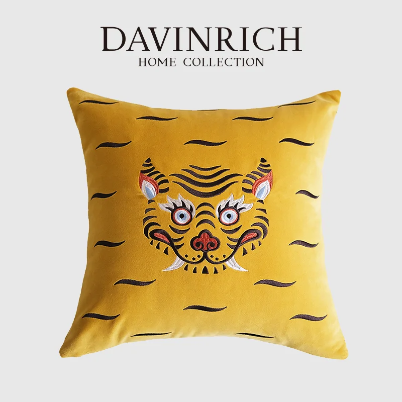 

DAVINRICH Yellow Tibetan Tiger Decorative Pillow Cover Shams Handmade Velvet Cushion Case Embroidery For Retro Style Living Room