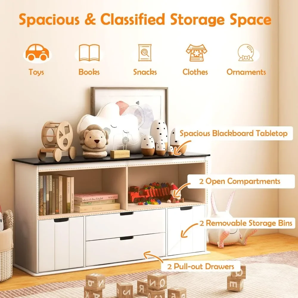 Kids Toy Organizers and Storage, Multifunctional Storage Cabinet Toy Chest with Blackboard, 4 Drawers and 2 Cubbies, Bookshelf 3