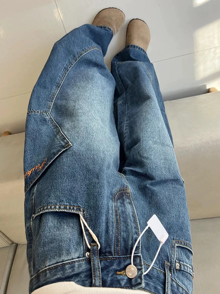 plus Size American Sle Embroidered Bla Jeans Women's Autumn Winter Loose High Waist Slim Straight Wide Leg Pants