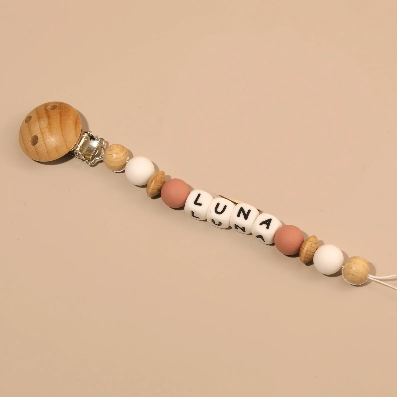 Personalized Baby Pacifier Clip Name Silicone & Wood Beads, Soother Holder for Infants