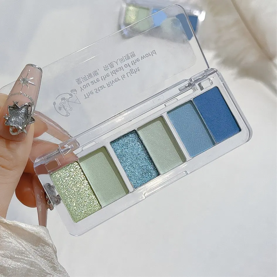 Description Picture 5 of item6 Color Smoke Blue Green Glitter Eyeshadow Palette Brightening Waterproof Matte Shimmer Summer Lying Silkworm Eye Pigment Makeup