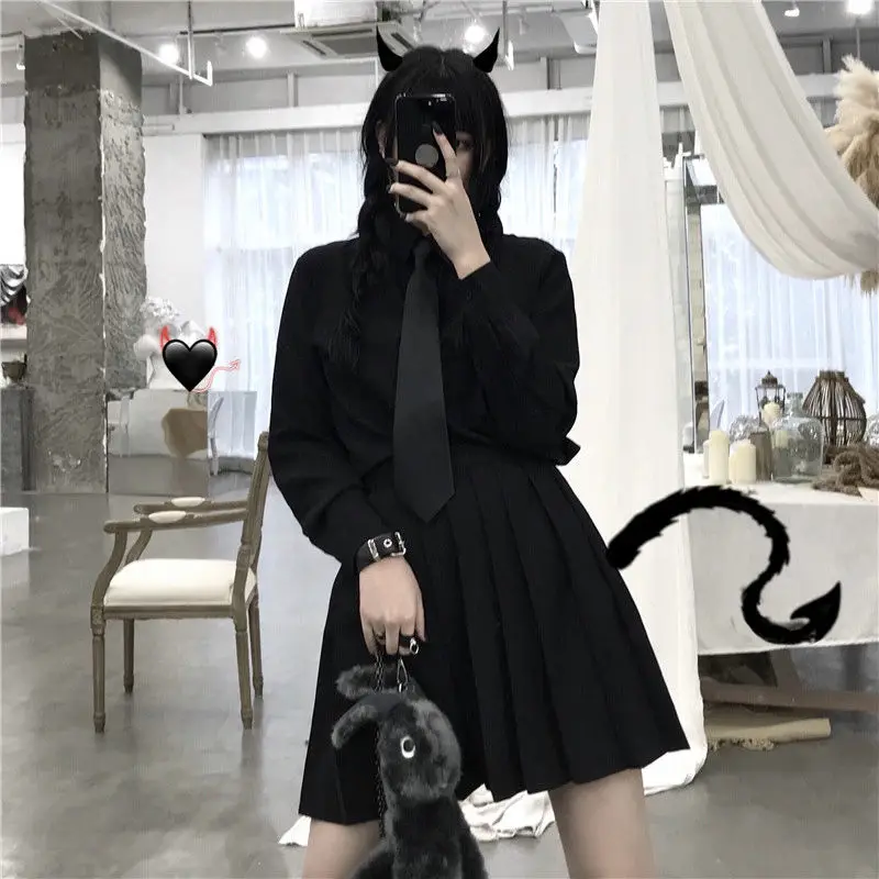 HOUZHOU Gothic Pleated Skirt Autumn Women Mall Goth Punk High Waist Black Mini Skirts Japanese Preppy Style Dark Academia Alt goth aesthetic pleated skirts women lace trim low waist e girl mini skirt punk dark academia y2k dance streetwear