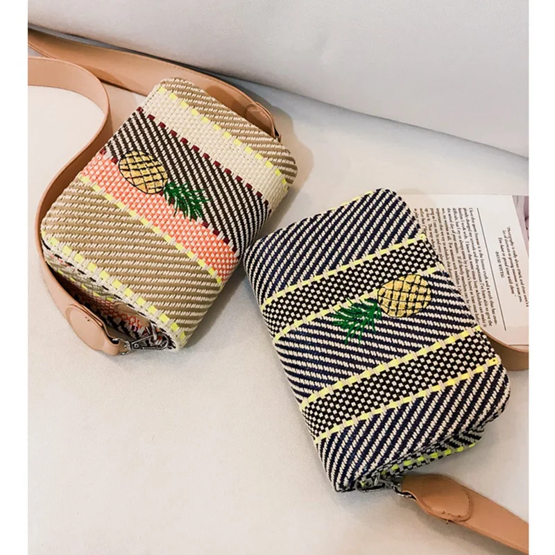 2023 Summer New Women Crossbody Bags Korean Style Striped Straw Bag Vintage Embroidery Pineapple Smallholuder Messenger Flap Bag