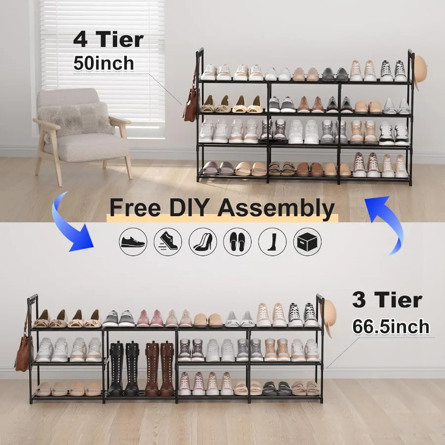 3Row 4Tier Shoe Rack Black Metal Stackable Shoe Shelf with Multifunctional Hooks Hold 2430 Pairs Space Saving Shoes Organizer f