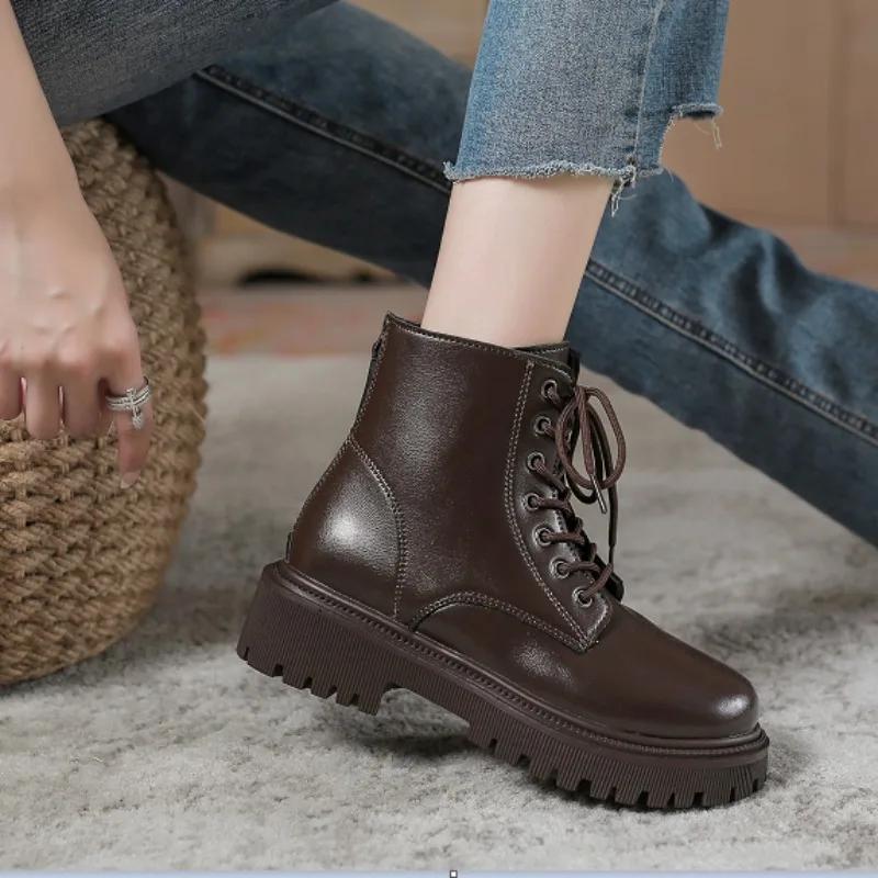 

Женские ботильоны на молнии сзади, зимние женские ботинки на платформе, повседневные ботинки, женская обувь на среднем каблуке с круглым носком и шнуровкой, женская обувь, 2023