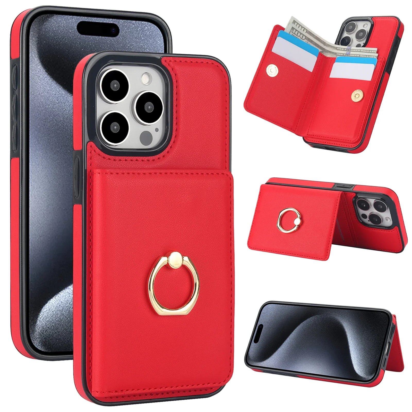 Leather RFID Card Holder Wallet with Ring Stand and Pocket Cover