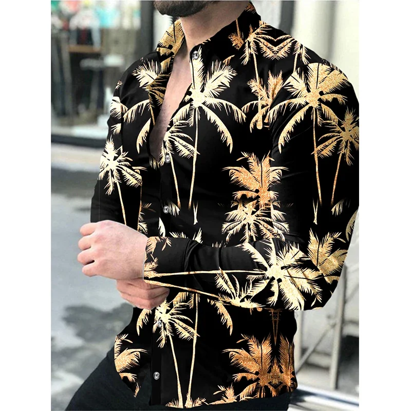 

Men's shirts Turn-down Collar Buttoned Oversized Hawaiian shirt man Casual Coconut Tree Print Long Sleeve Tops Men's Clothing