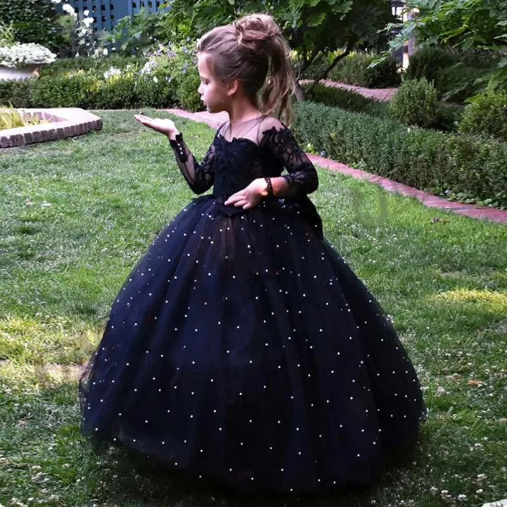 

Long Sleeve Tulle Lace Flower Girl Dress Ball Gown Puffy Soptted Christmas Dress for Kid Princess Bow First Communion Gown