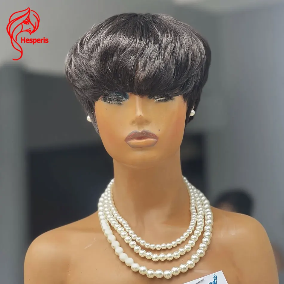 Hesperis Glueless Full Lace Short Pixie Cut Human Hair Wigs For Women Natural Color Free Part Pixie Bob Lace Wigs With Bang