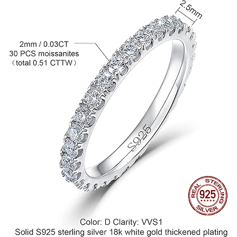 Anillo de moissanita completo ALLNOEL de 2mm para mujer, Color D VVS1, anillo de cola única para mujer, anillo de plata 925, banda de eternidad de boda con GRA 2