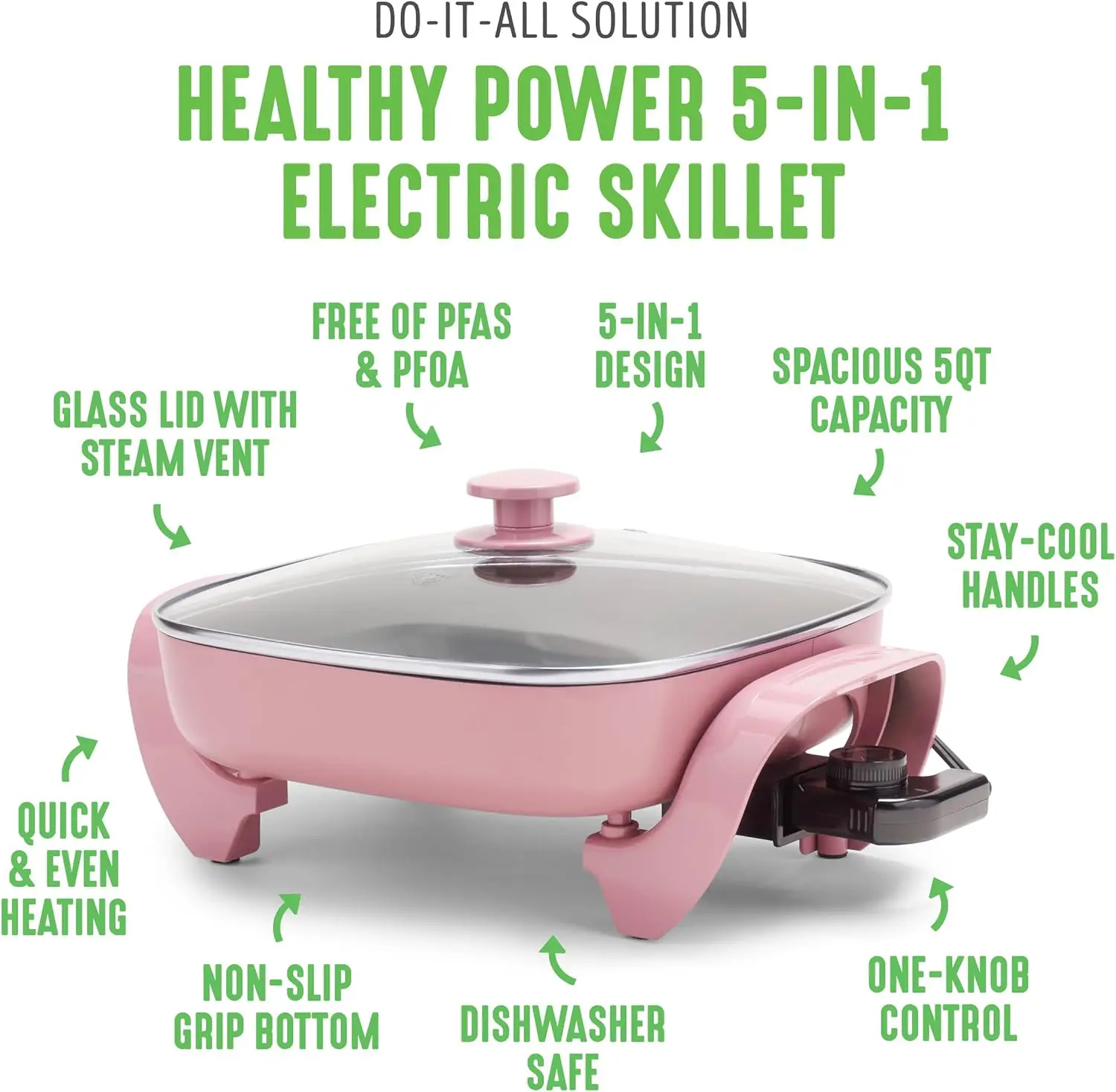 12" 5QT Square Electric Skillet, Adjustable Temperature Control, Cool Touch Handles, Quick Even Heating, Scratch Resistant, Pink